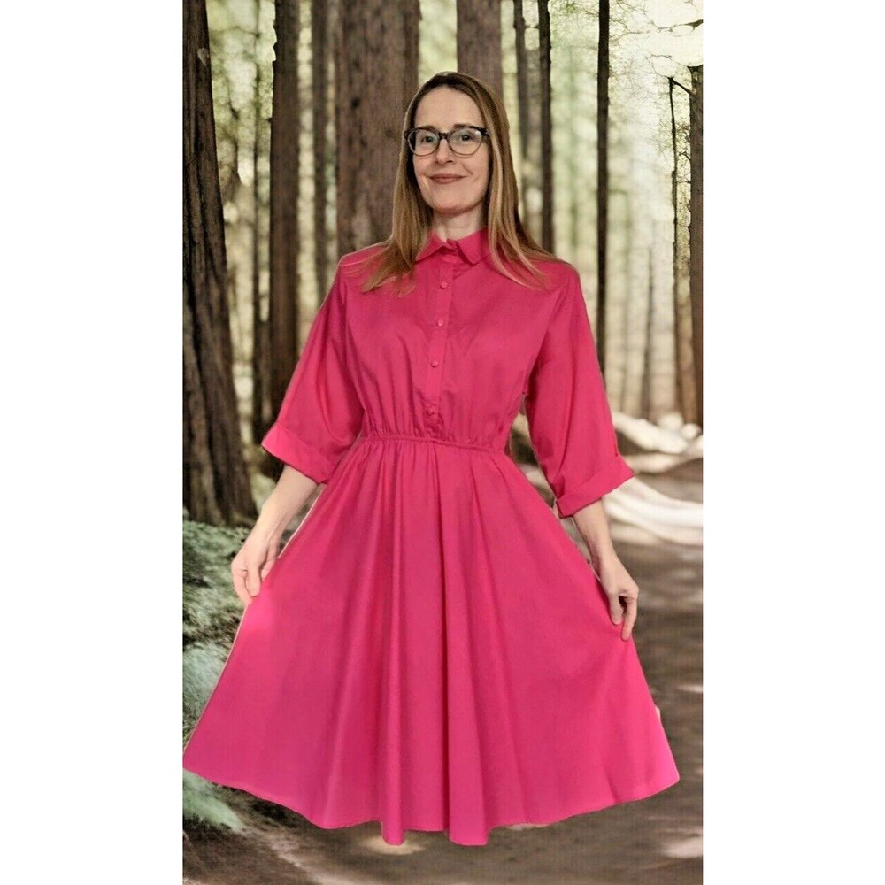80s Pink Dress Cotton Blend Retro American Shirt Dress Vintage 7 8